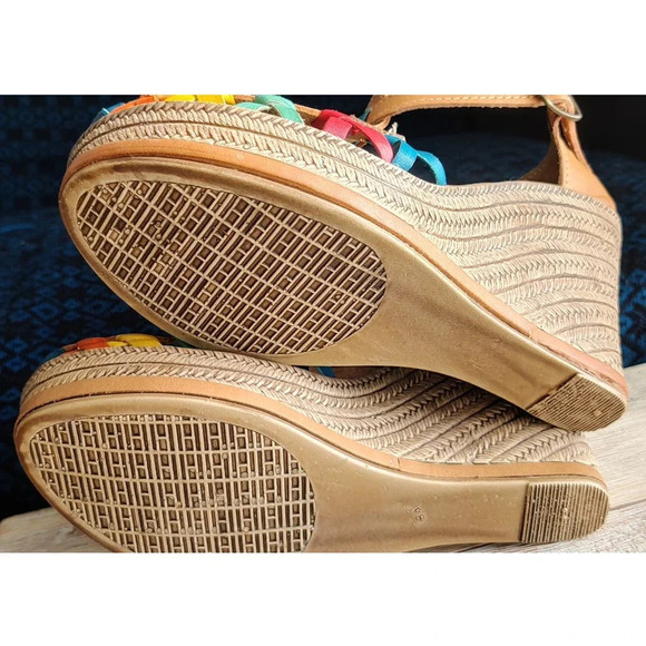 Mexican Platform Espadrille Sandal Huarache Leather Tan with Colorful Accents 7M - Picture 10 of 10